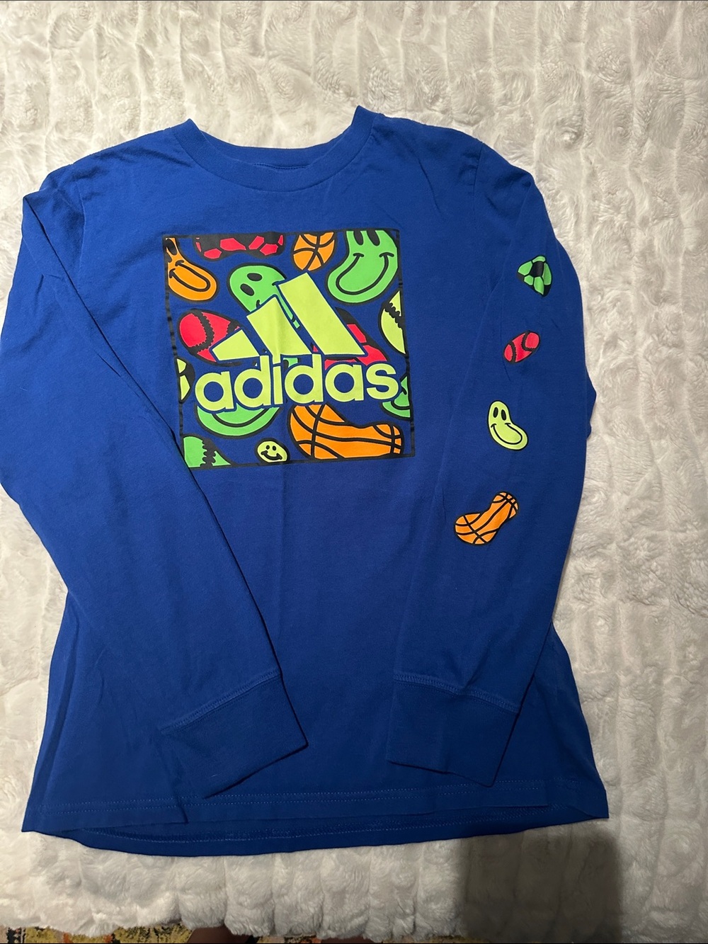 adidas Royal Blue Long Sleeve Graphic Tee with Neon Sports Icons